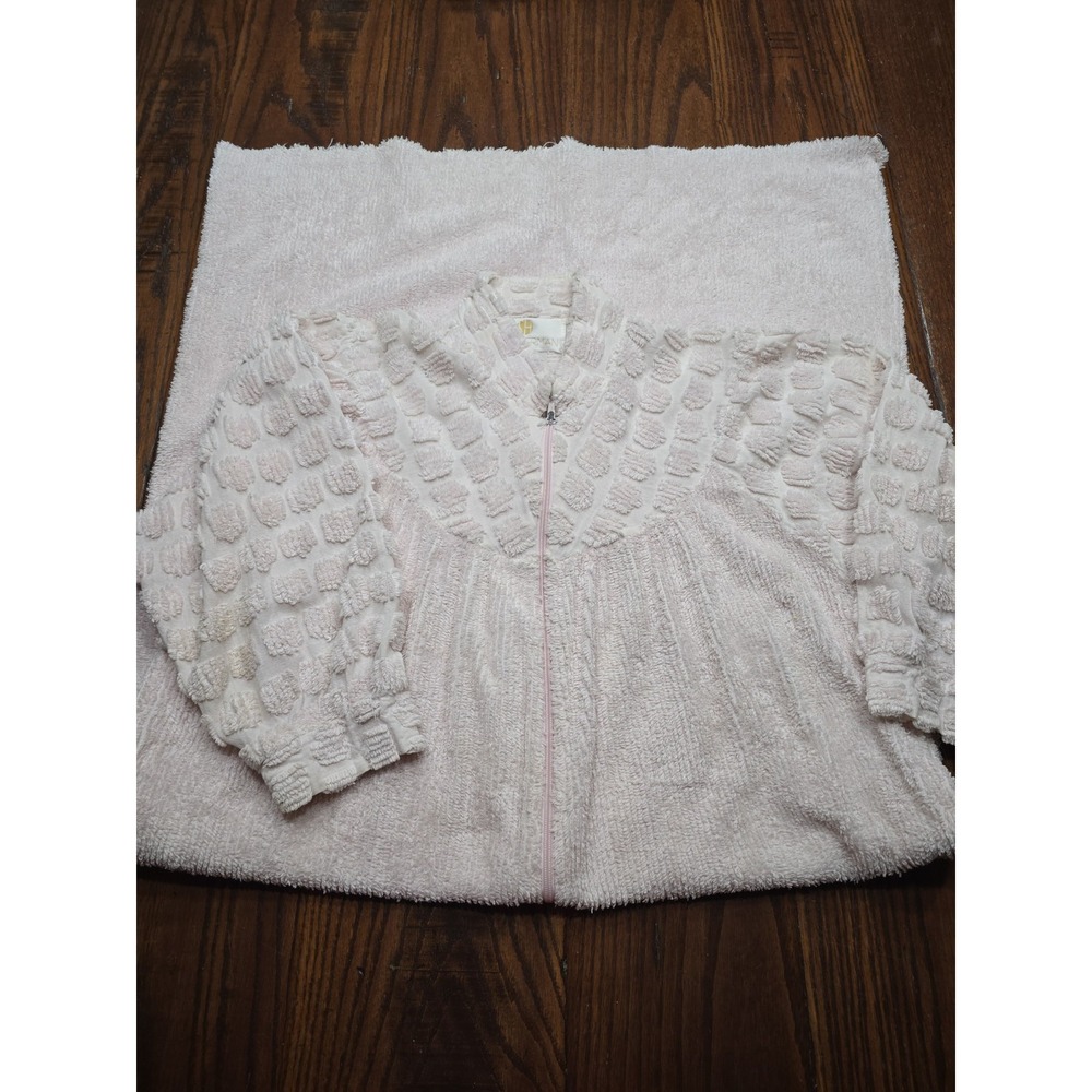 Stan‎ Herman Pink Terry Cloth Zip Front Robe Textured Geometric Long Sleeve Maxi